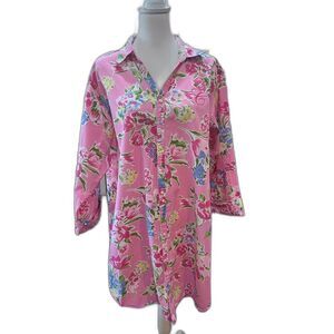 Pink Floral Cotton Lounge Sleep Shirt Dress Cover Up 3/4 Sleeve Collared XL